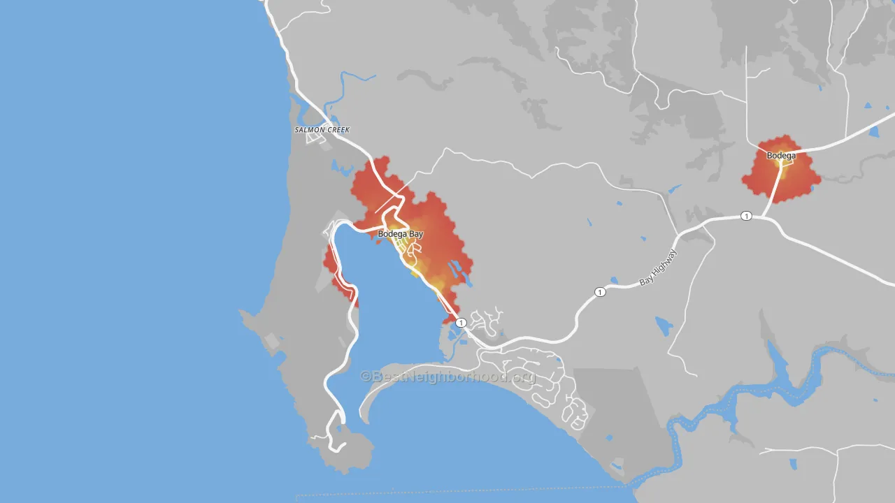 Walk Grade map of Bodega Bay, CA, walkable areas in green and car-dependent areas in red