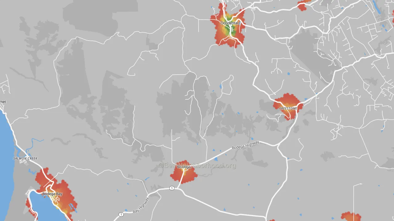 Walk Grade map of Bodega, CA, walkable areas in green and car-dependent areas in red
