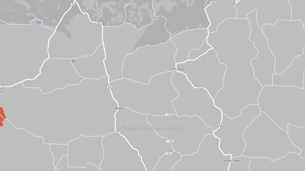 Walk Grade map of Boden, OH, walkable areas in green and car-dependent areas in red