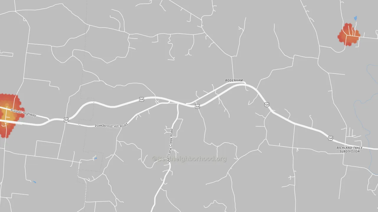 Walk Grade map of Bodenham, TN, walkable areas in green and car-dependent areas in red