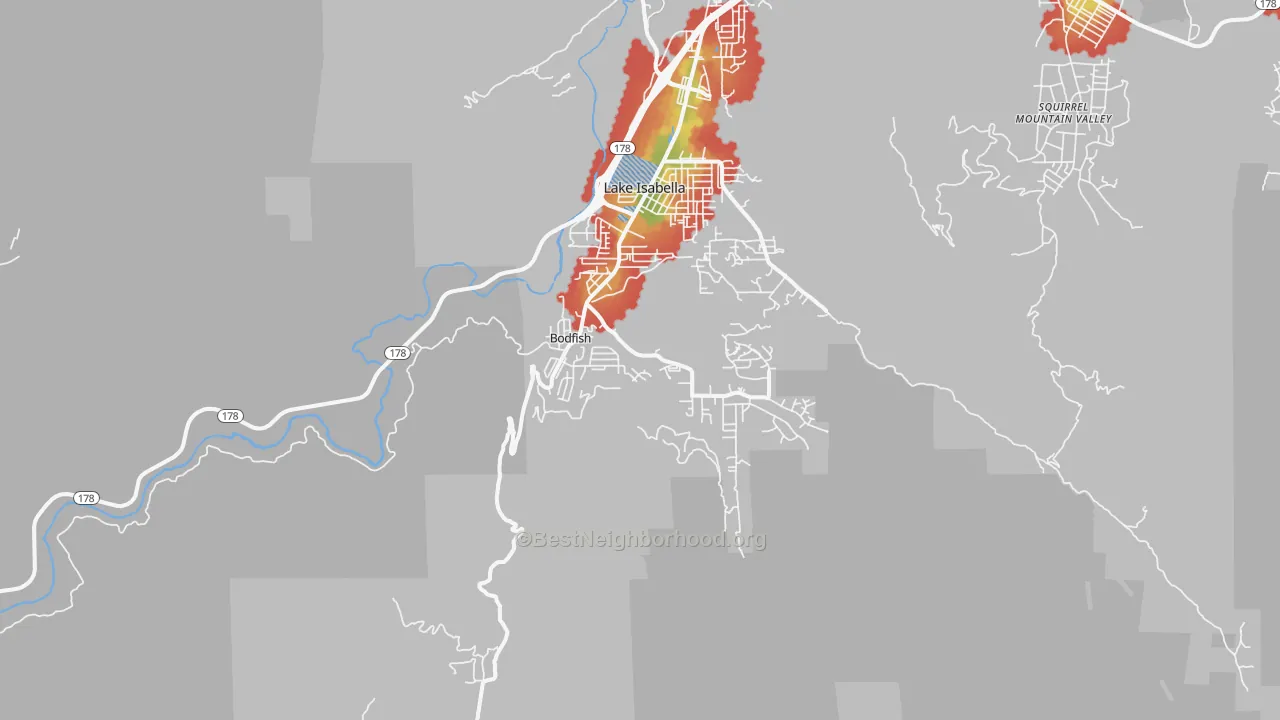 Walk Grade map of Bodfish, CA, walkable areas in green and car-dependent areas in red