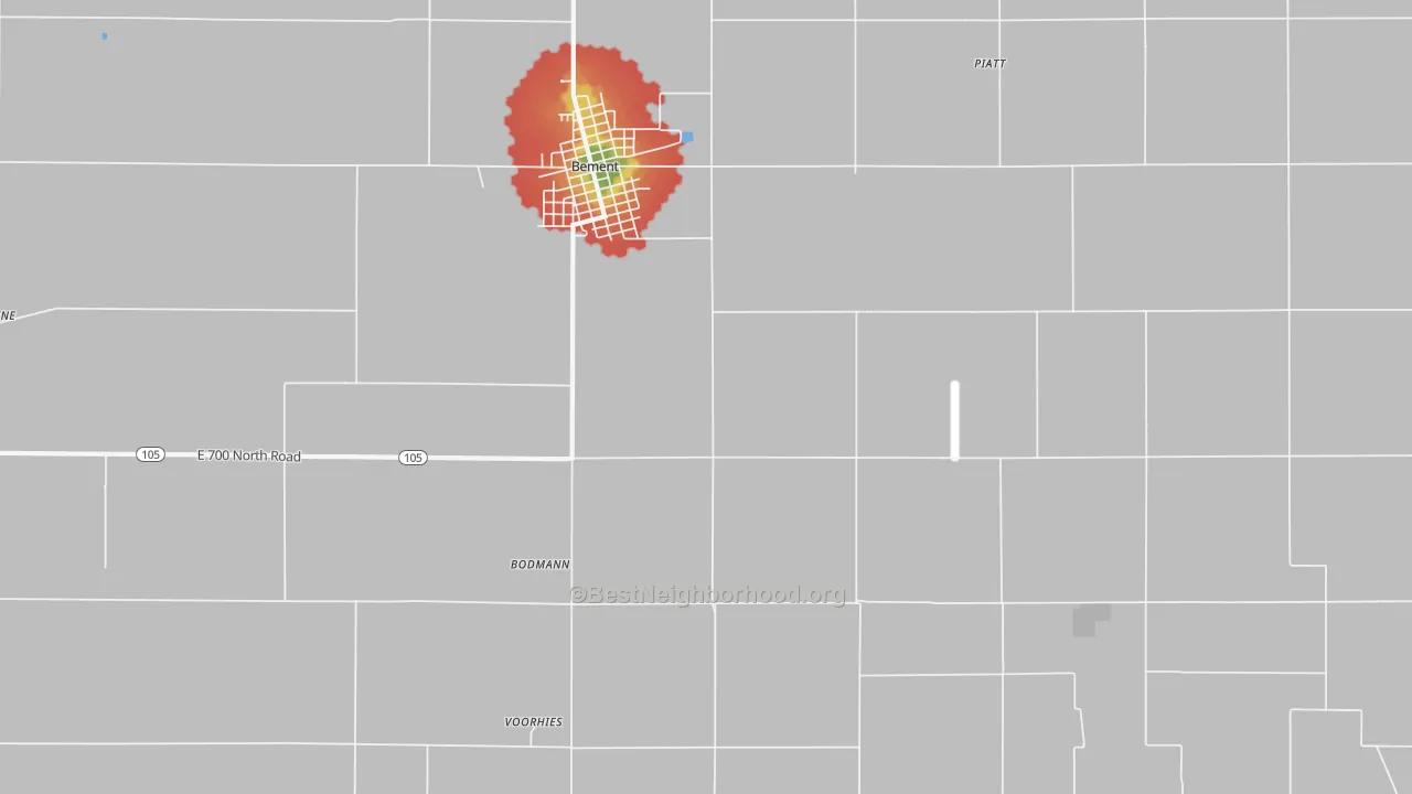 Walk Grade map of Bodman, IL, walkable areas in green and car-dependent areas in red