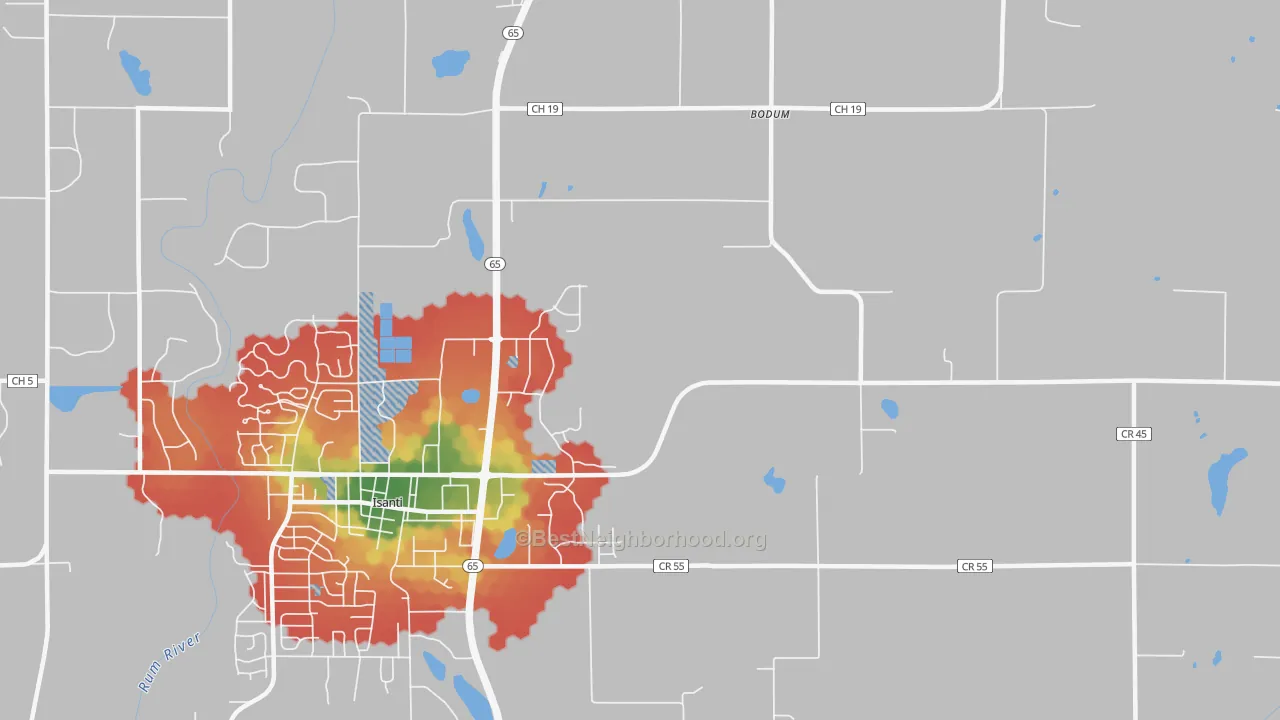 Walk Grade map of Bodum, MN, walkable areas in green and car-dependent areas in red