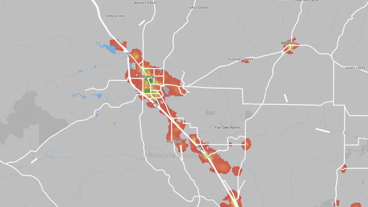 Walk Grade map of Boerne, TX, walkable areas in green and car-dependent areas in red