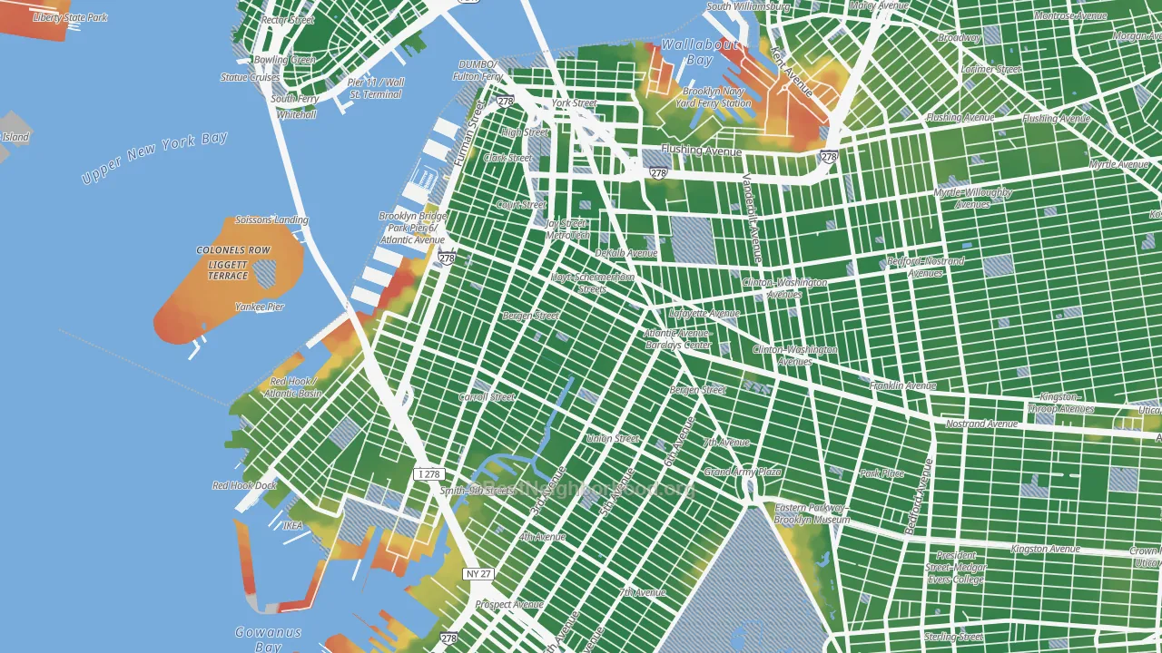 Walk Grade map of Boerum Hill, Brooklyn, NY, walkable areas in green and car-dependent areas in red