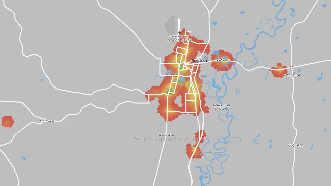 Walk Grade map of Bogalusa, LA, walkable areas in green and car-dependent areas in red