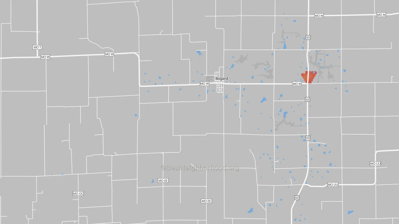 Walk Grade map of Bogard, MO, walkable areas in green and car-dependent areas in red