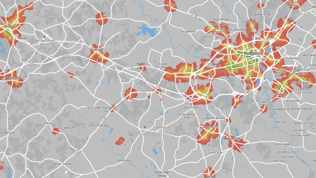 Walk Grade map of Bogart, GA, walkable areas in green and car-dependent areas in red