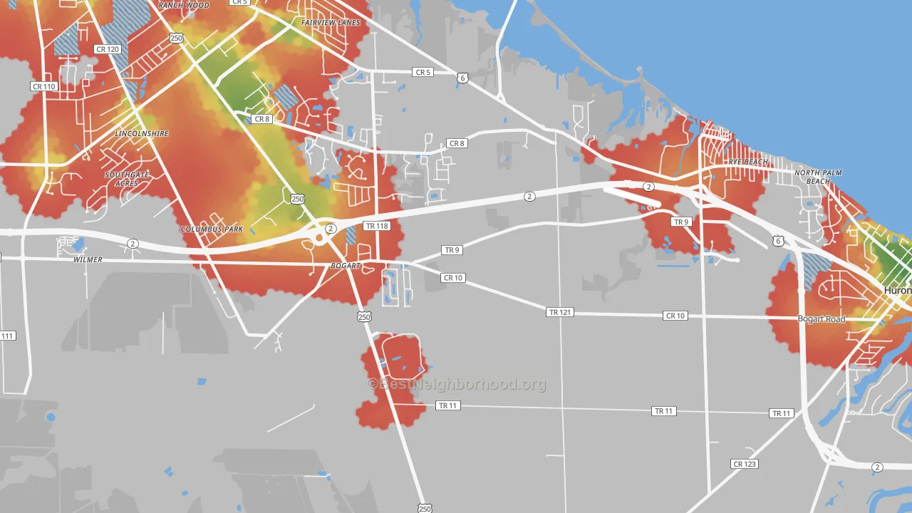 Walk Grade map of Bogart, OH, walkable areas in green and car-dependent areas in red