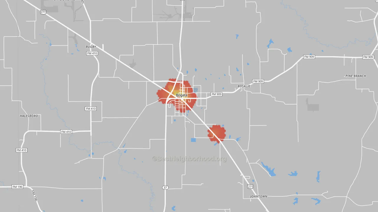 Walk Grade map of Bogata, TX, walkable areas in green and car-dependent areas in red