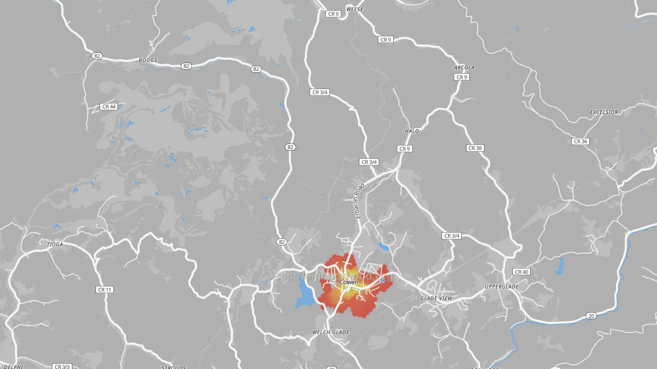 Walk Grade map of Boggs, WV, walkable areas in green and car-dependent areas in red