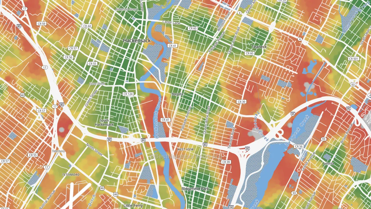 Walk Grade map of Bogota, NJ, walkable areas in green and car-dependent areas in red