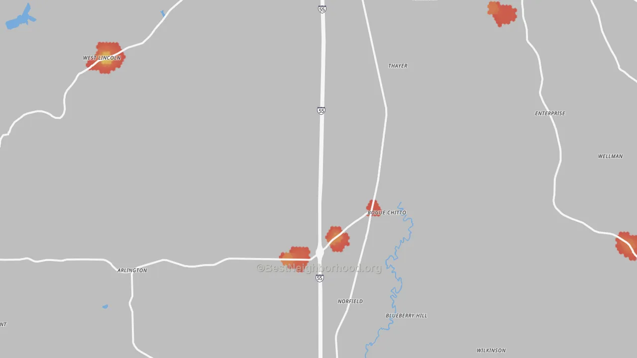 Walk Grade map of Bogue Chitto, MS, walkable areas in green and car-dependent areas in red