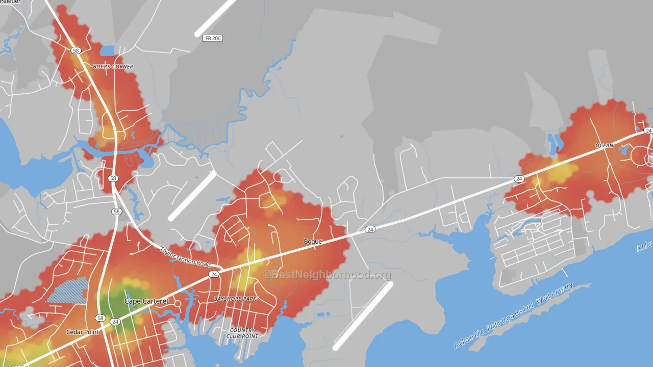 Walk Grade map of Bogue, NC, walkable areas in green and car-dependent areas in red
