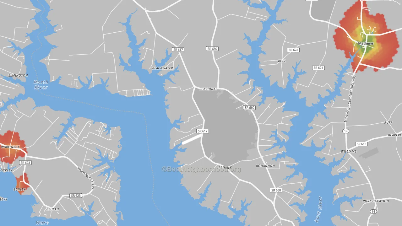 Walk Grade map of Bohannon, VA, walkable areas in green and car-dependent areas in red
