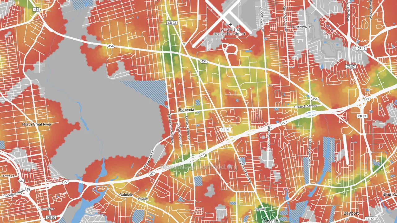 Walk Grade map of Bohemia, NY, walkable areas in green and car-dependent areas in red