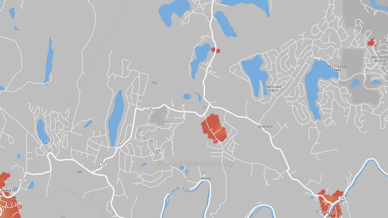 Walk Grade map of Bohemia, PA, walkable areas in green and car-dependent areas in red