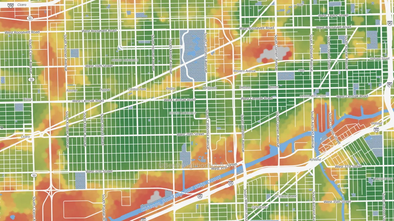 Walk Grade map of Bohemian California, Chicago, IL, walkable areas in green and car-dependent areas in red