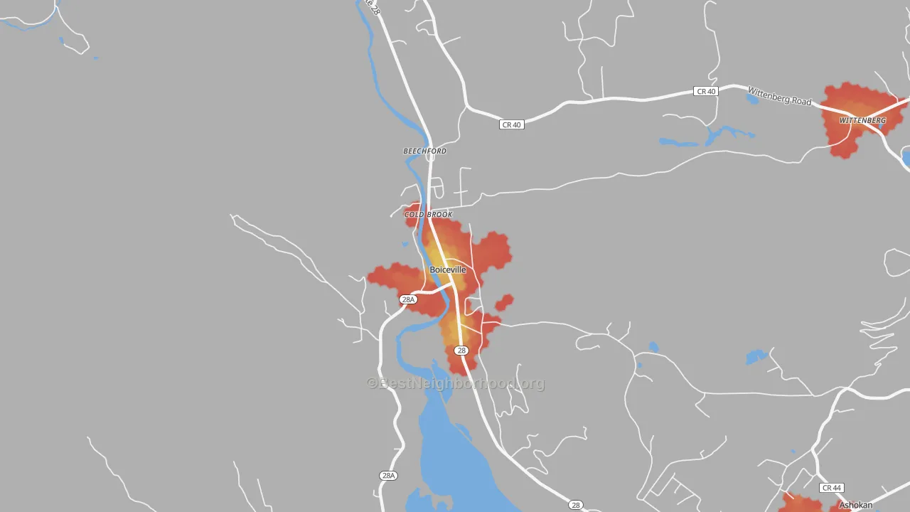 Walk Grade map of Boiceville, NY, walkable areas in green and car-dependent areas in red