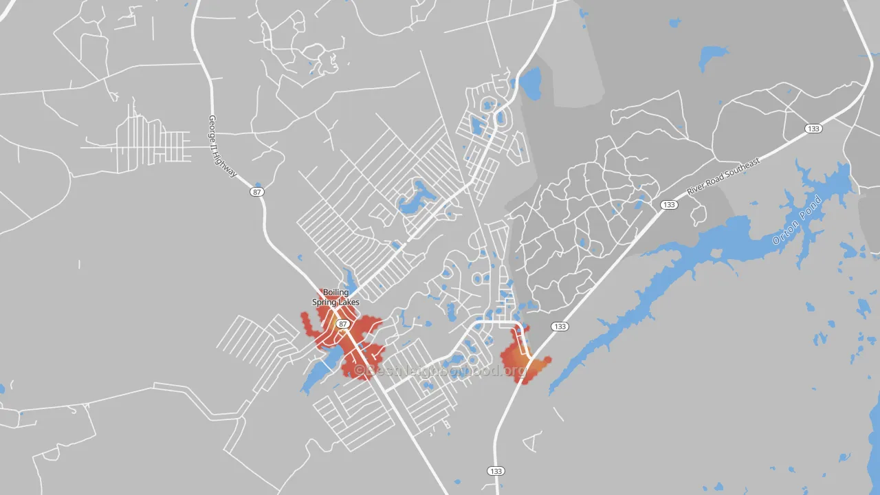 Walk Grade map of Boiling Spring Lakes, NC, walkable areas in green and car-dependent areas in red