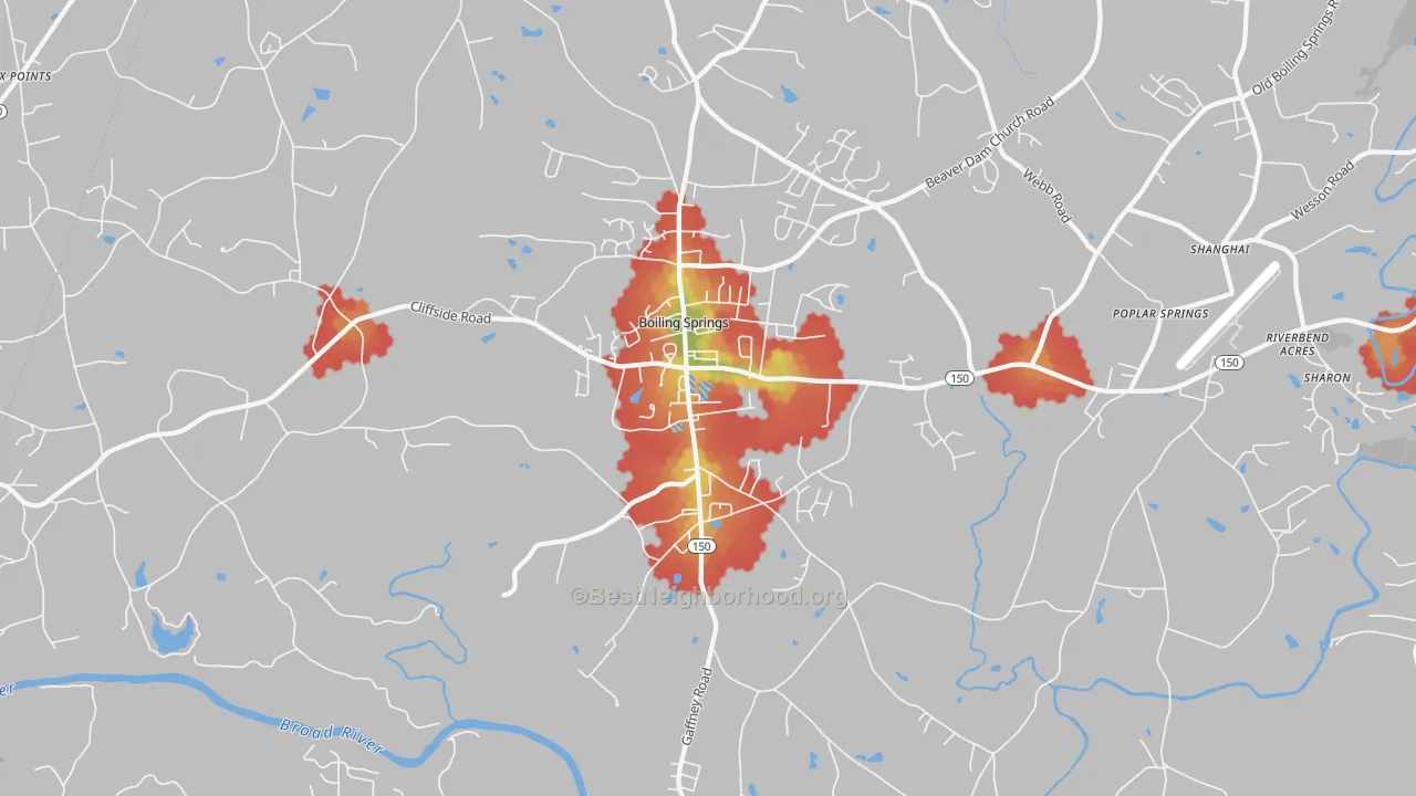 Walk Grade map of Boiling Springs, NC, walkable areas in green and car-dependent areas in red