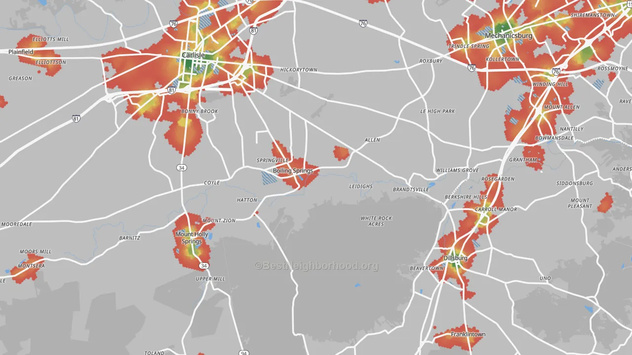 Walk Grade map of Boiling Springs, PA, walkable areas in green and car-dependent areas in red