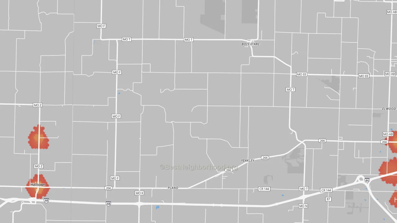 Walk Grade map of Bois D Arc, MO, walkable areas in green and car-dependent areas in red