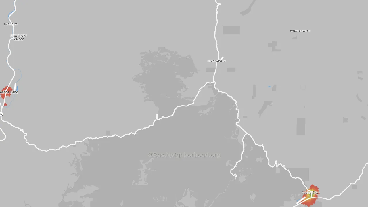 Walk Grade map of Boise County, ID, walkable areas in green and car-dependent areas in red