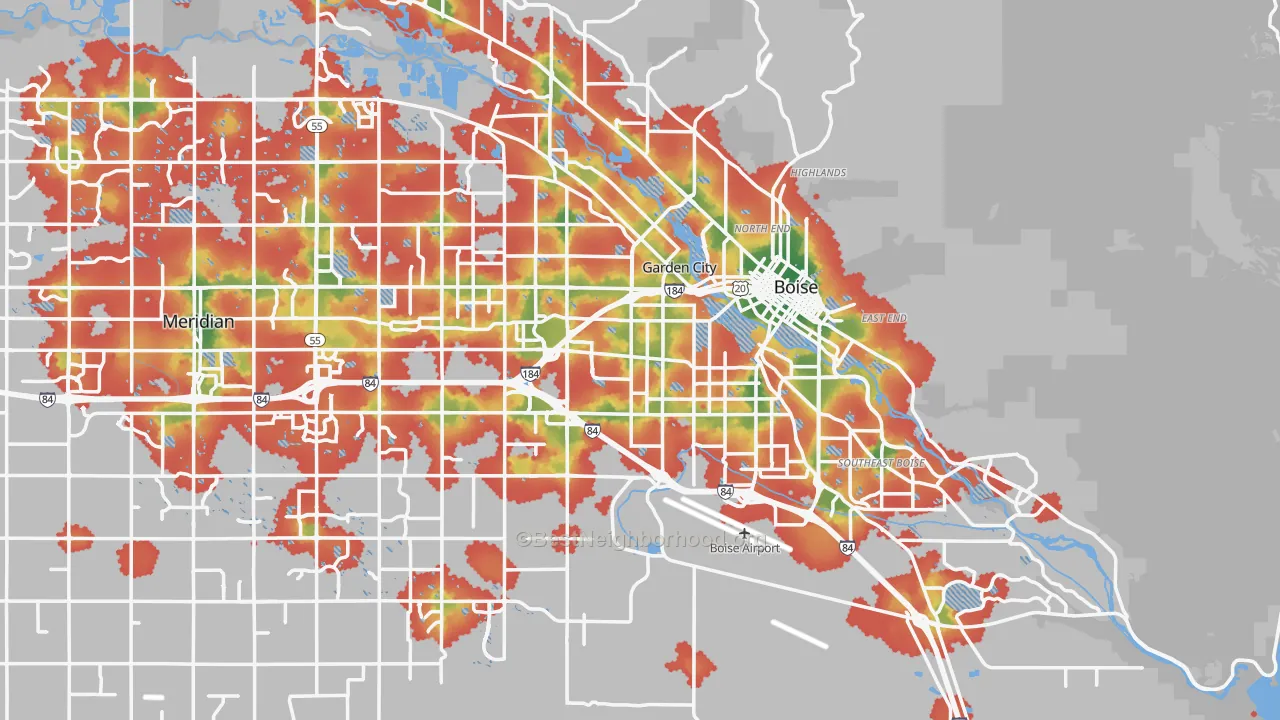Walk Grade map of Boise, ID, walkable areas in green and car-dependent areas in red