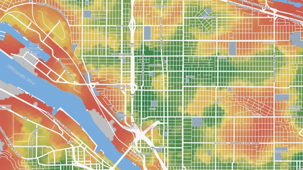 Walk Grade map of Boise, Portland, OR, walkable areas in green and car-dependent areas in red