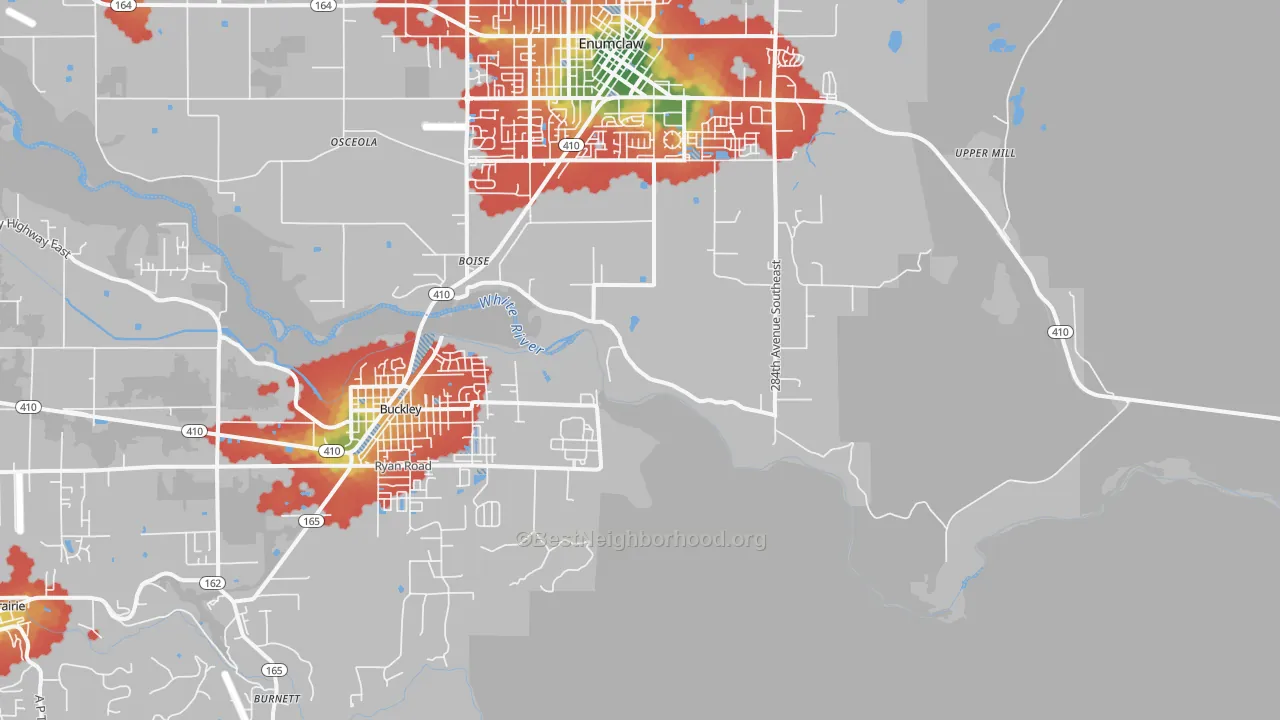 Walk Grade map of Boise, WA, walkable areas in green and car-dependent areas in red