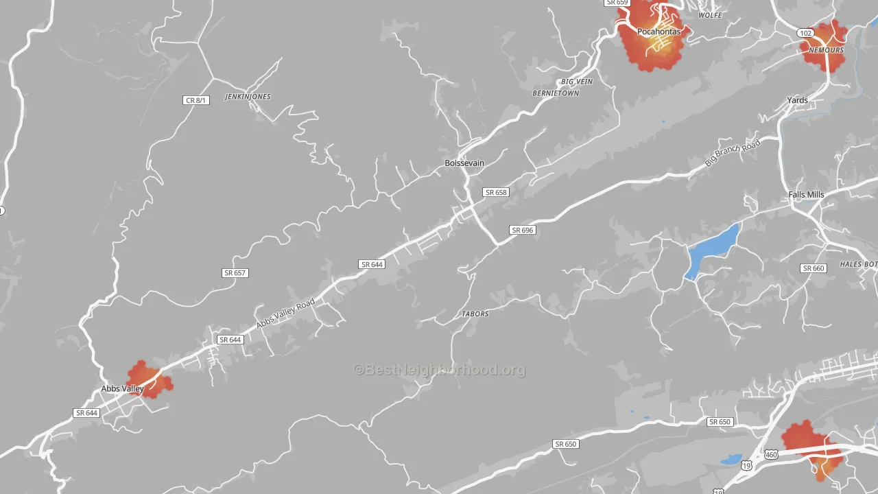 Walk Grade map of Boissevain, VA, walkable areas in green and car-dependent areas in red