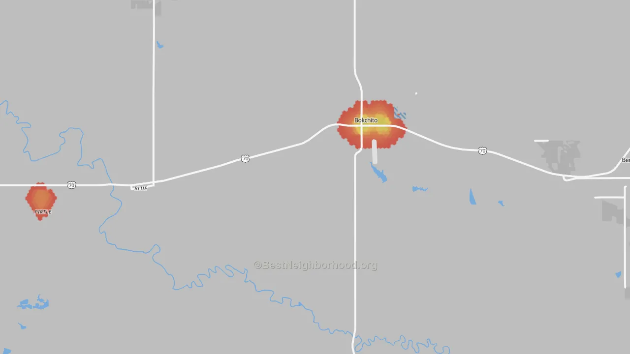 Walk Grade map of Bokchito, OK, walkable areas in green and car-dependent areas in red