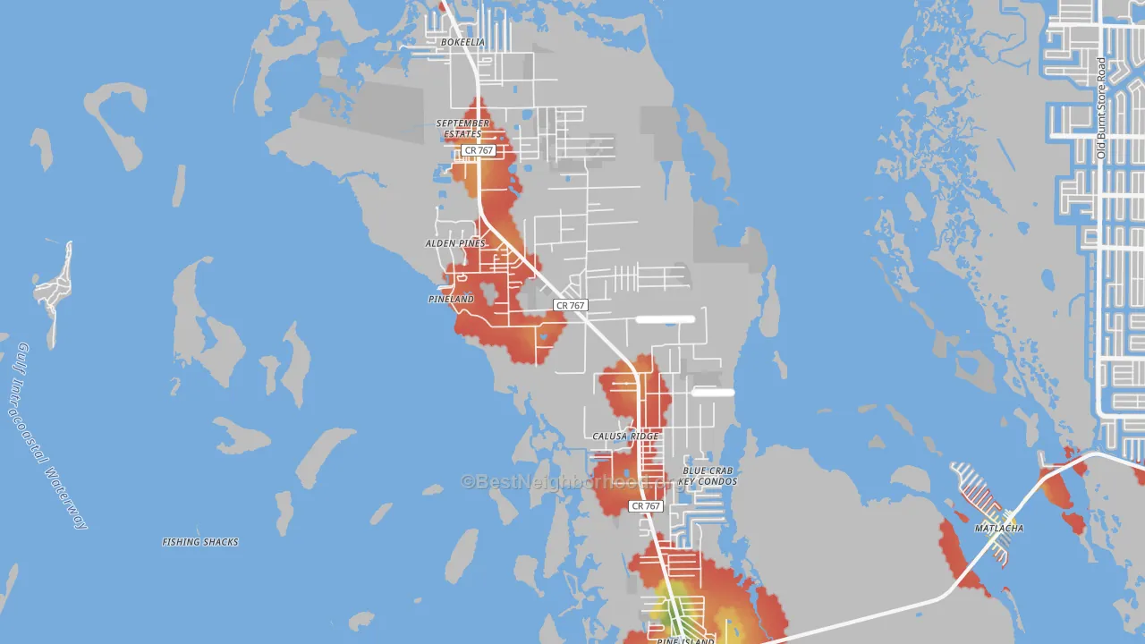 Walk Grade map of Bokeelia, FL, walkable areas in green and car-dependent areas in red