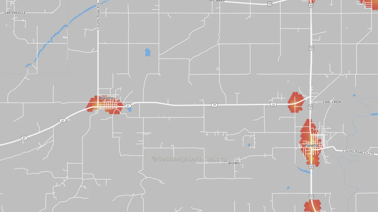 Walk Grade map of Bokoshe, OK, walkable areas in green and car-dependent areas in red