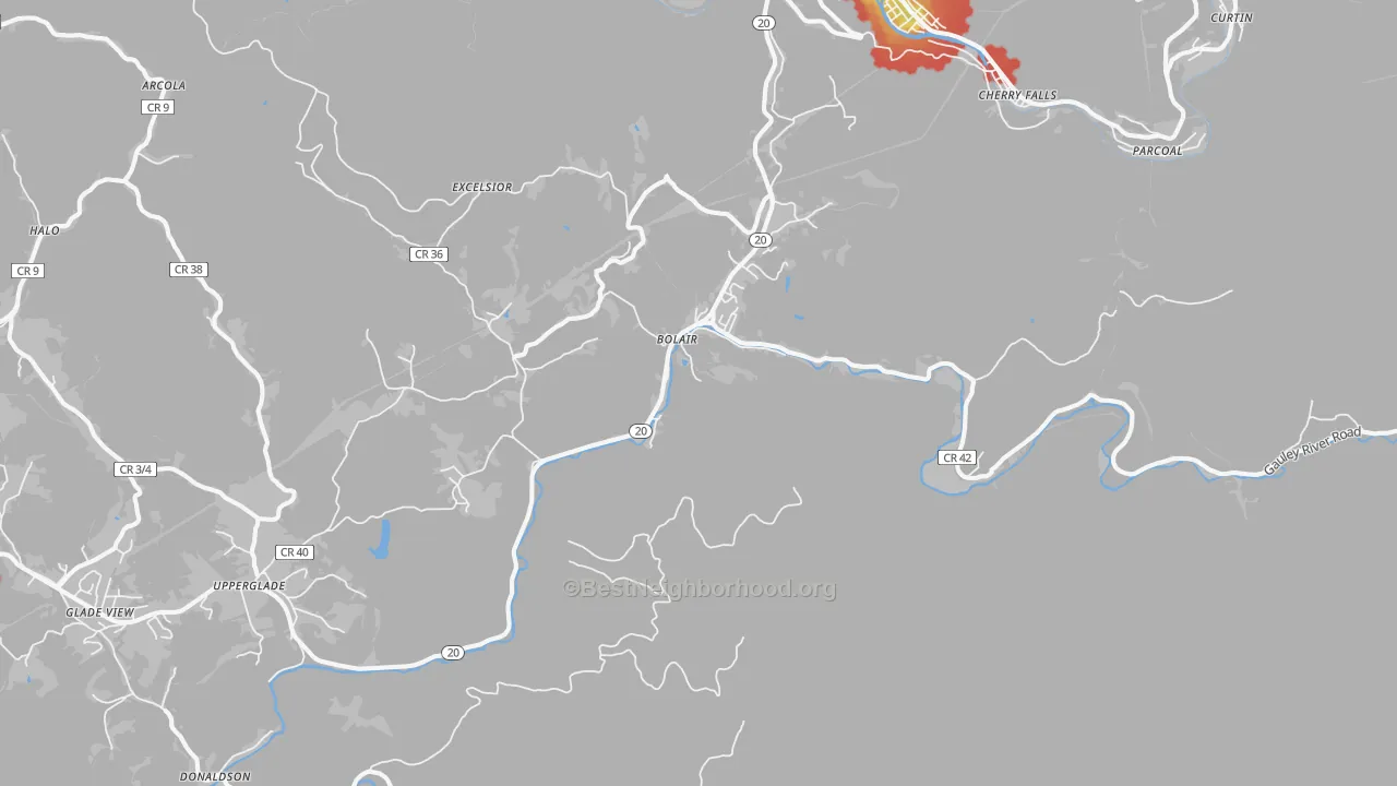 Walk Grade map of Bolair, WV, walkable areas in green and car-dependent areas in red