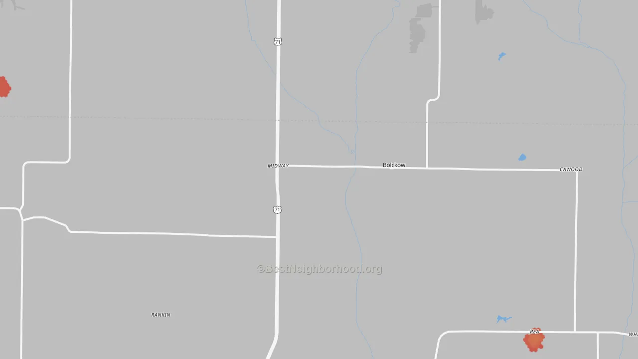 Walk Grade map of Bolckow, MO, walkable areas in green and car-dependent areas in red