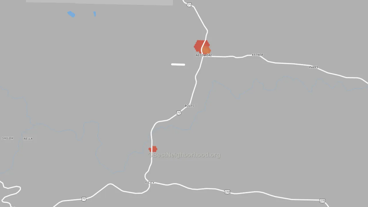 Walk Grade map of Boles, AR, walkable areas in green and car-dependent areas in red