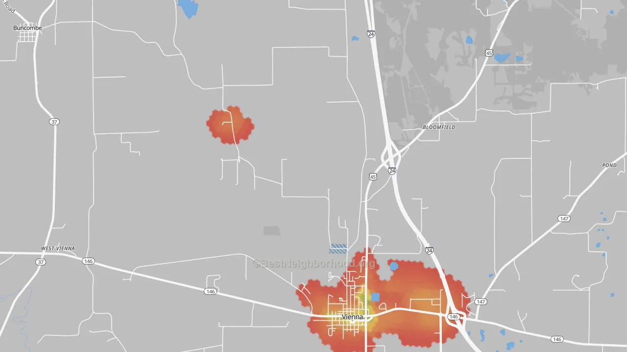 Walk Grade map of Boles, IL, walkable areas in green and car-dependent areas in red