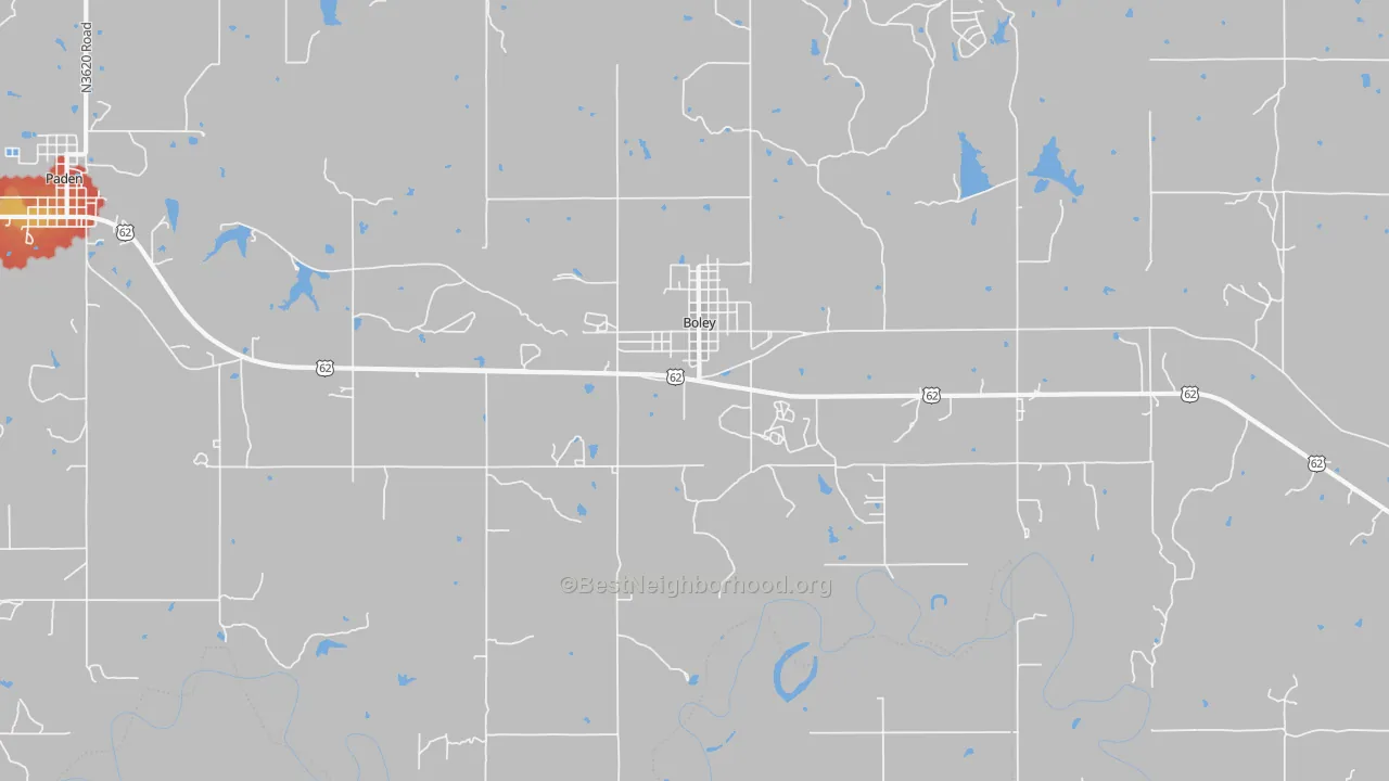 Walk Grade map of Boley, OK, walkable areas in green and car-dependent areas in red