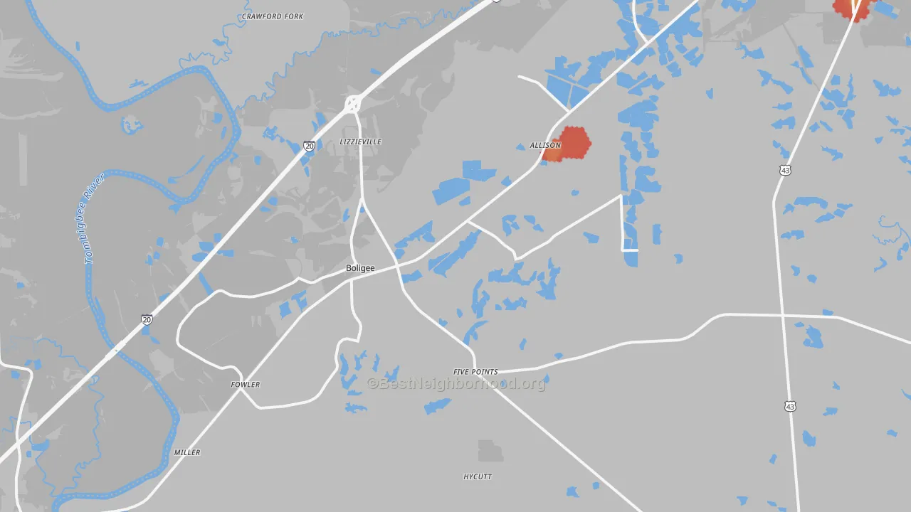 Walk Grade map of Boligee, AL, walkable areas in green and car-dependent areas in red
