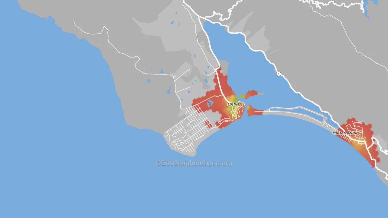 Walk Grade map of Bolinas, CA, walkable areas in green and car-dependent areas in red