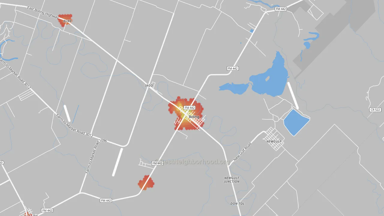 Walk Grade map of Boling, TX, walkable areas in green and car-dependent areas in red