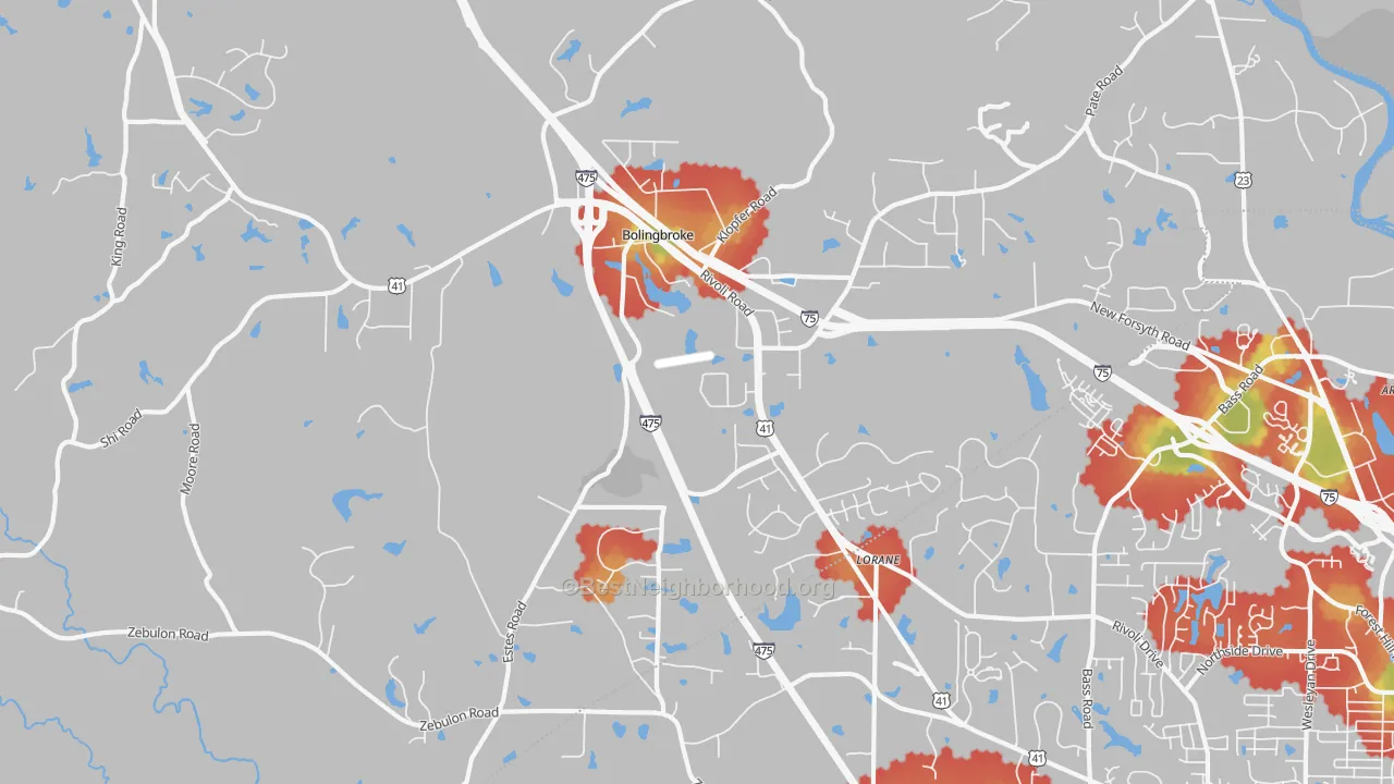 Walk Grade map of Bolingbroke, GA, walkable areas in green and car-dependent areas in red
