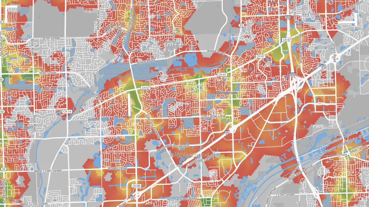 Walk Grade map of Bolingbrook, IL, walkable areas in green and car-dependent areas in red