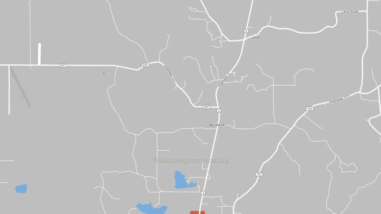Walk Grade map of Bolinger, LA, walkable areas in green and car-dependent areas in red