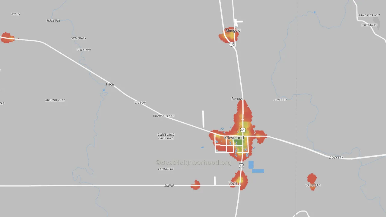 Walk Grade map of Bolivar County, MS, walkable areas in green and car-dependent areas in red