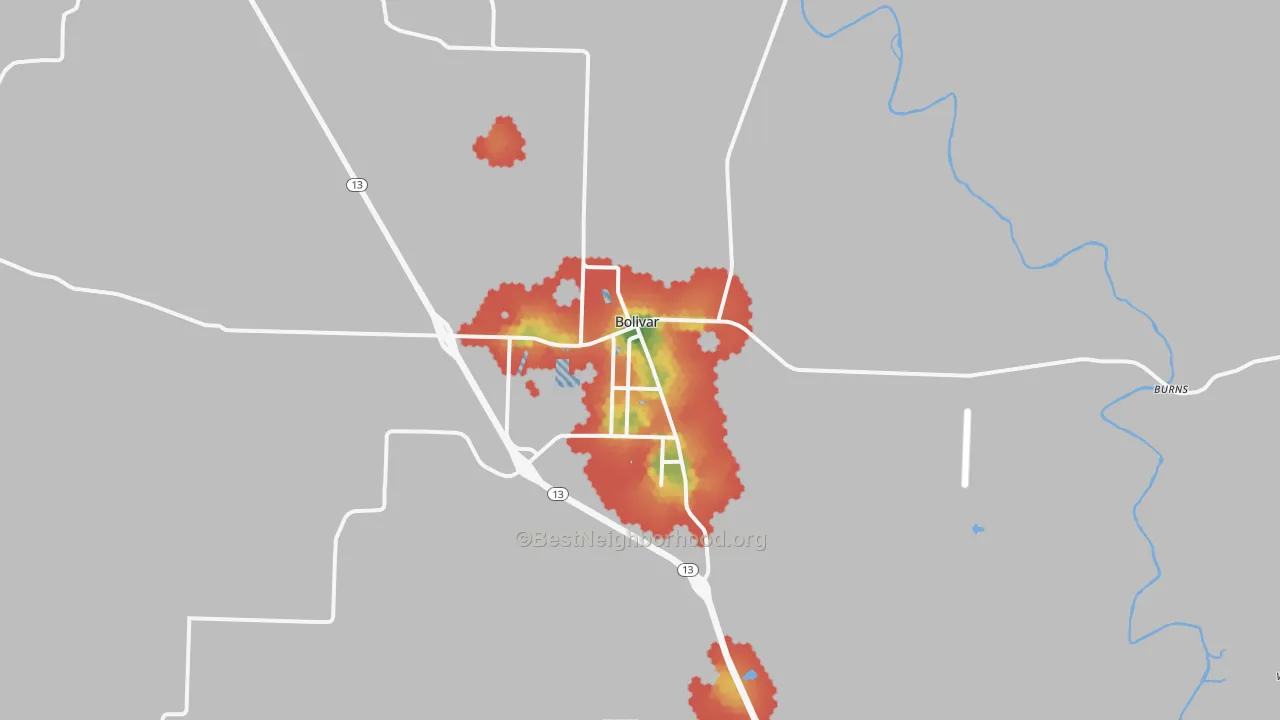 Walk Grade map of Bolivar, MO, walkable areas in green and car-dependent areas in red