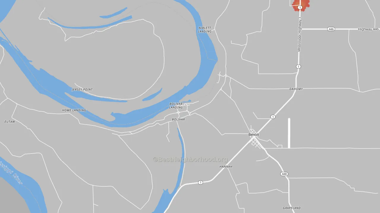 Walk Grade map of Bolivar, MS, walkable areas in green and car-dependent areas in red