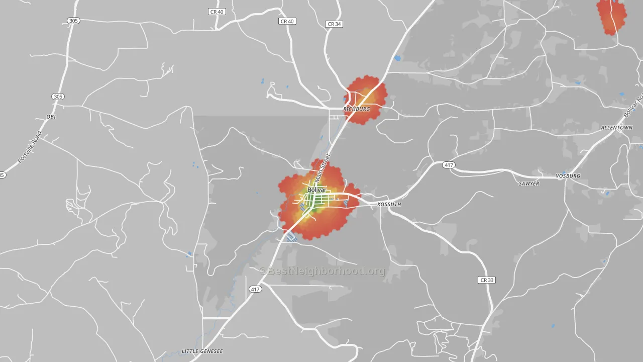 Walk Grade map of Bolivar, NY, walkable areas in green and car-dependent areas in red